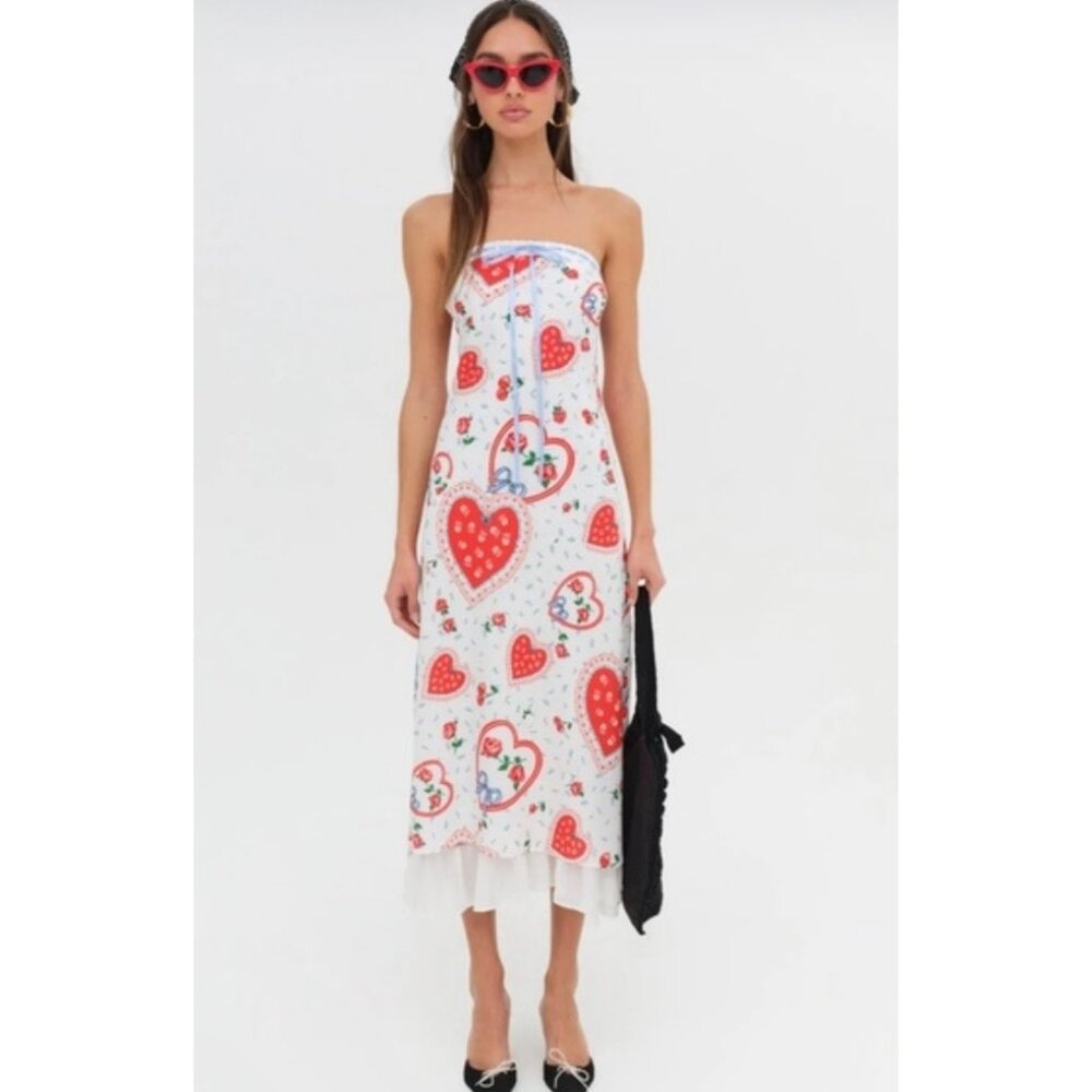 For Love & Lemons Daisy Mae Whimsical Cherries Heart Strapless Midi Dress small